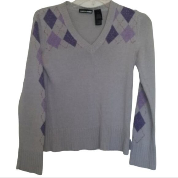 Sweater Argyle V Neck DKNY Jeans Gray Purple Women's WOMAN'S Medium - Picture 2 of 10